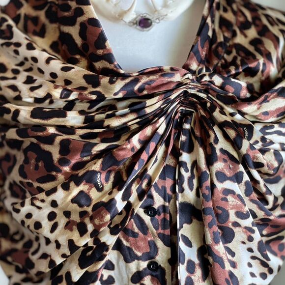 NWOT Vintage Y2K Bebe Leopard Silk Blouse Bow 2000s Glam Top Mob Wife Size L - Picture 2 of 8